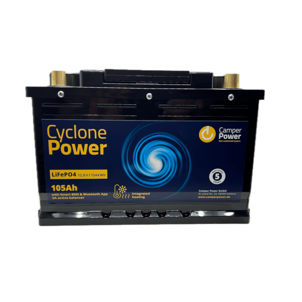 CyclonePower LiFePO4 105Ah 12,8V Versorgungsbatterie mit BMS und Heizung, Frontansicht