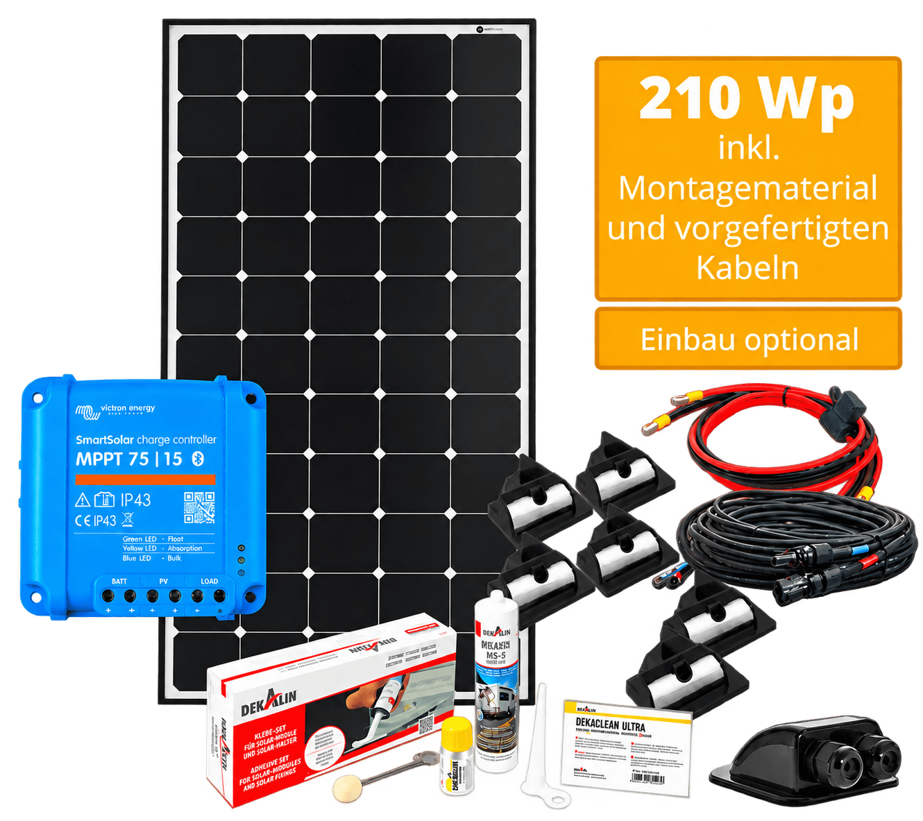 Solarpanel mit 210 Wp, Victron MPPT 75/15, Montagematerial und vorbereiteten Kabeln; Einbau optional.