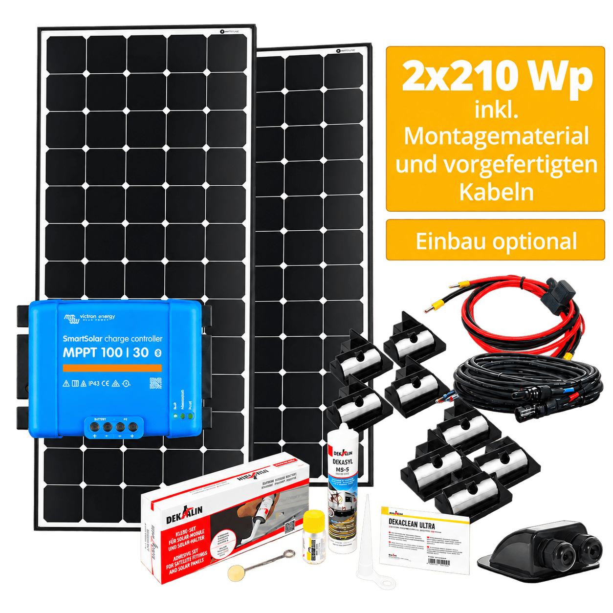 Solar-Set mit 2x210-Wp-Solarmodulen, Victron MPPT 100/30, Montagematerial und vorgefertigten Kabeln, Einbau optional