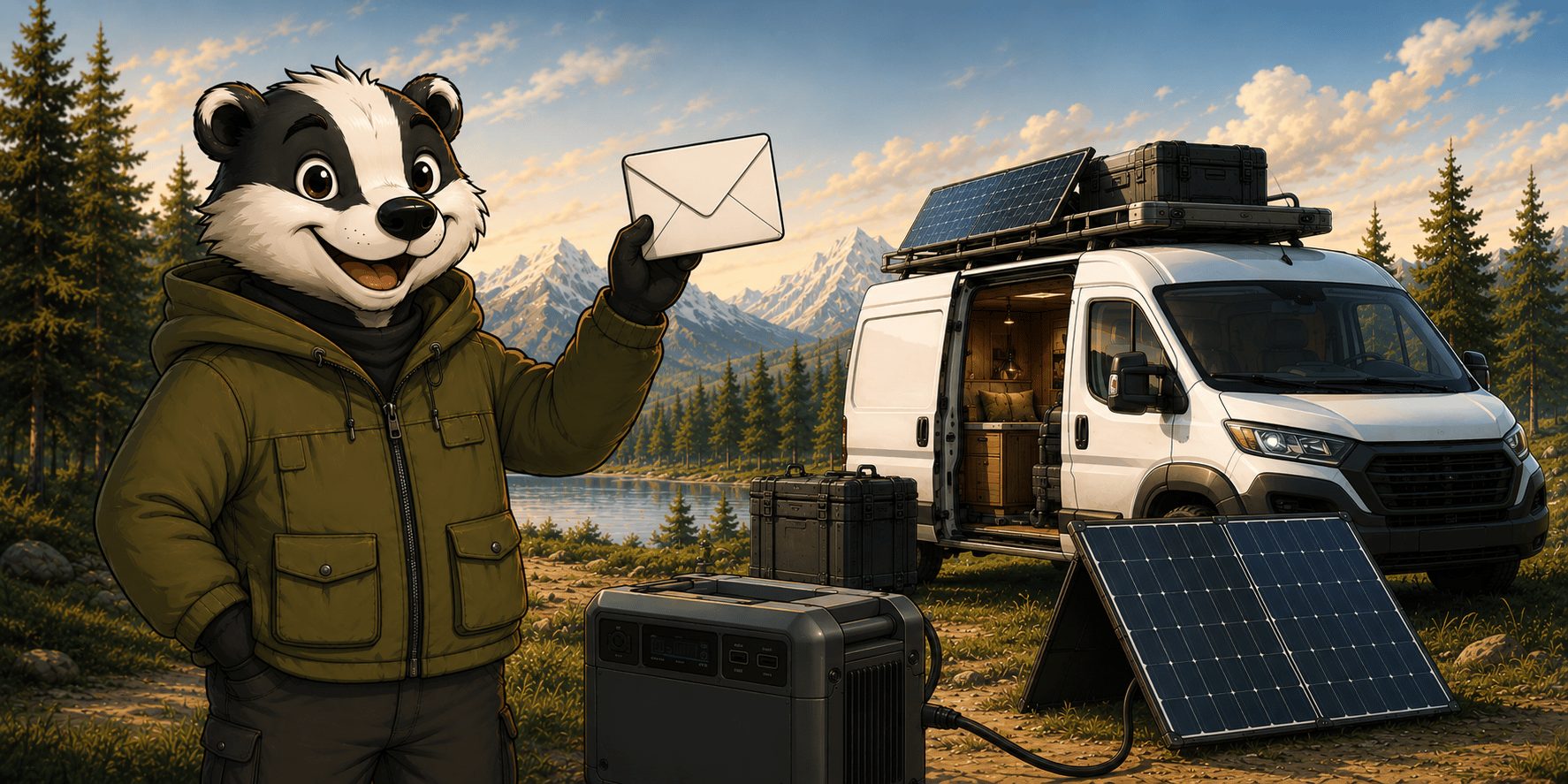 Dex mit einem Briefumschlag vor einem ausgebauten Camper